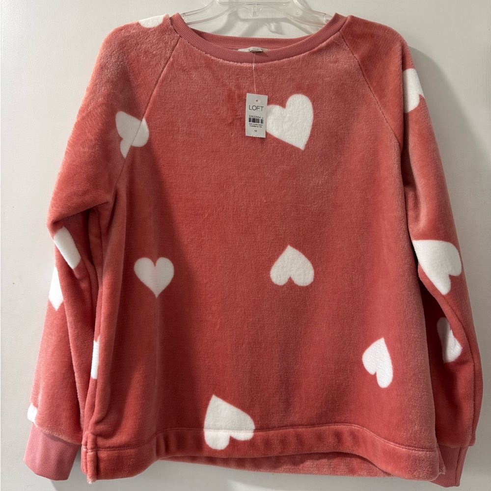 NWT Loft Coral Pink Heart Fleece Pullover